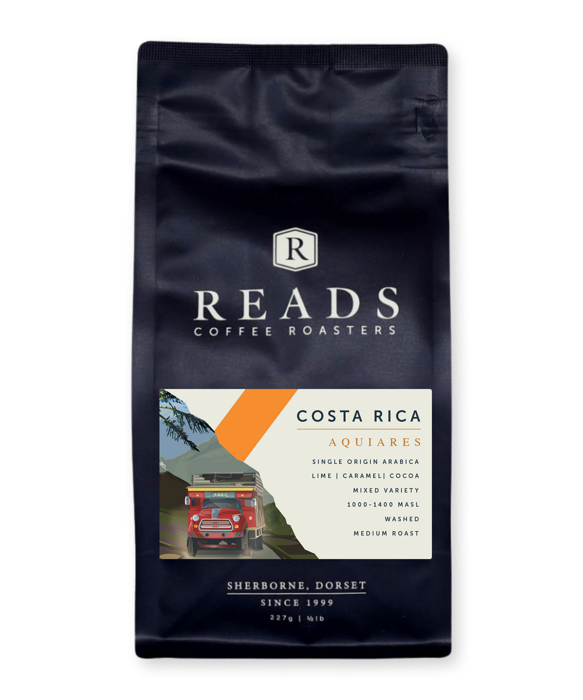 Reads Coffee Roasters Costa Rica coffee bag on a white background