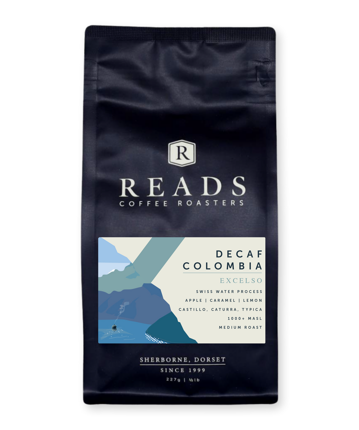 Coffee bag from Reads Coffee Roasters with a scenic label on a white background