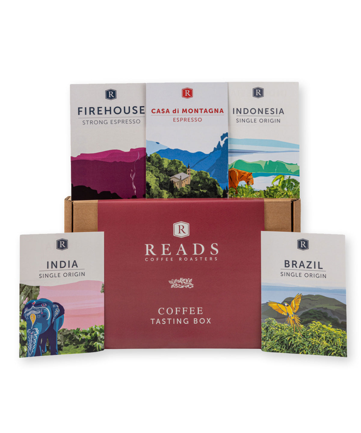 Reads Coffee Roasters coffee tasting box set featuring a large burgundy box in the center with five single-origin coffee pouches displayed behind it and two smaller pouches in front, all on a white background.