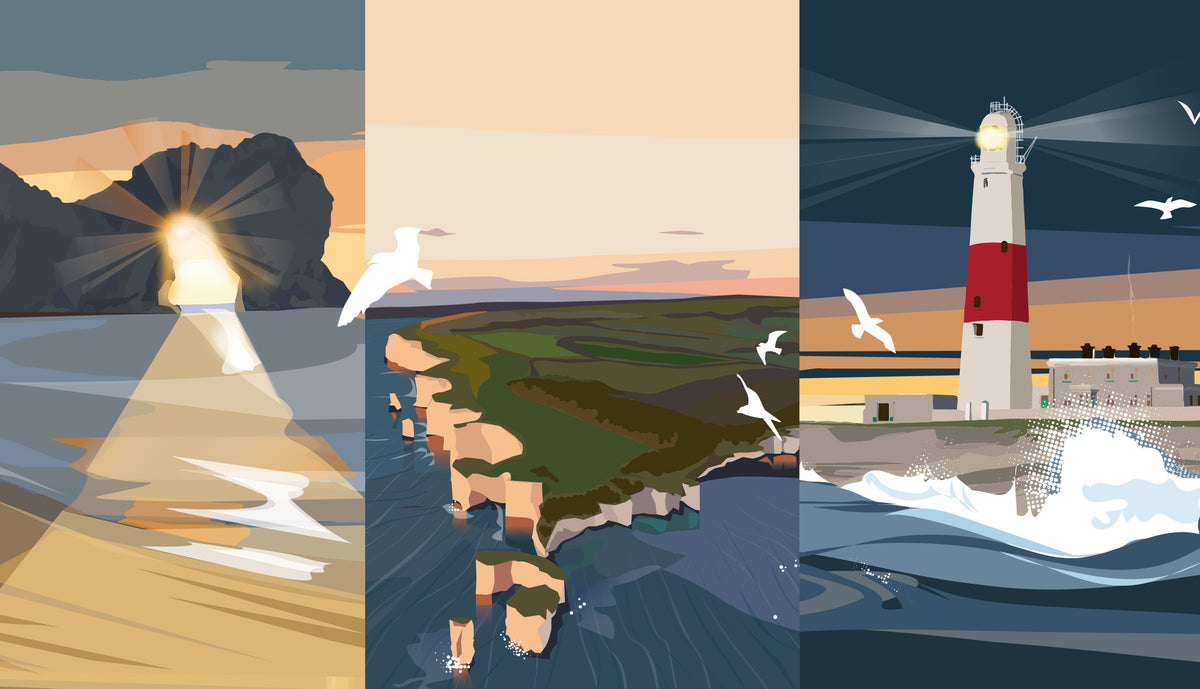 Three scenic illustrations of a lighthouse, landscape, and coastal view.