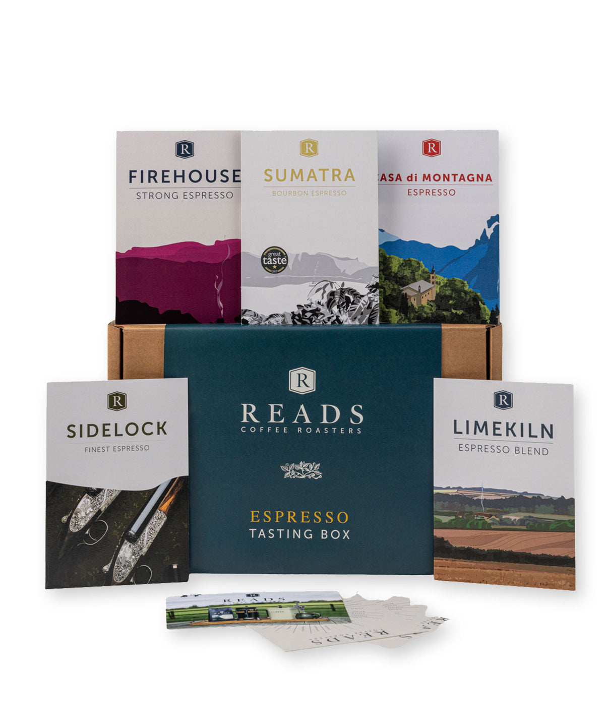 A coffee tasting box set from Reads Coffee Artifacts, featuring a dark teal box in the center surrounded by five single-variant coffee bag packages (Firehouse, Sumatra, Casa di Montagna, SideLock, and Limekiln) and a small card deck in front, all arranged on a white background.