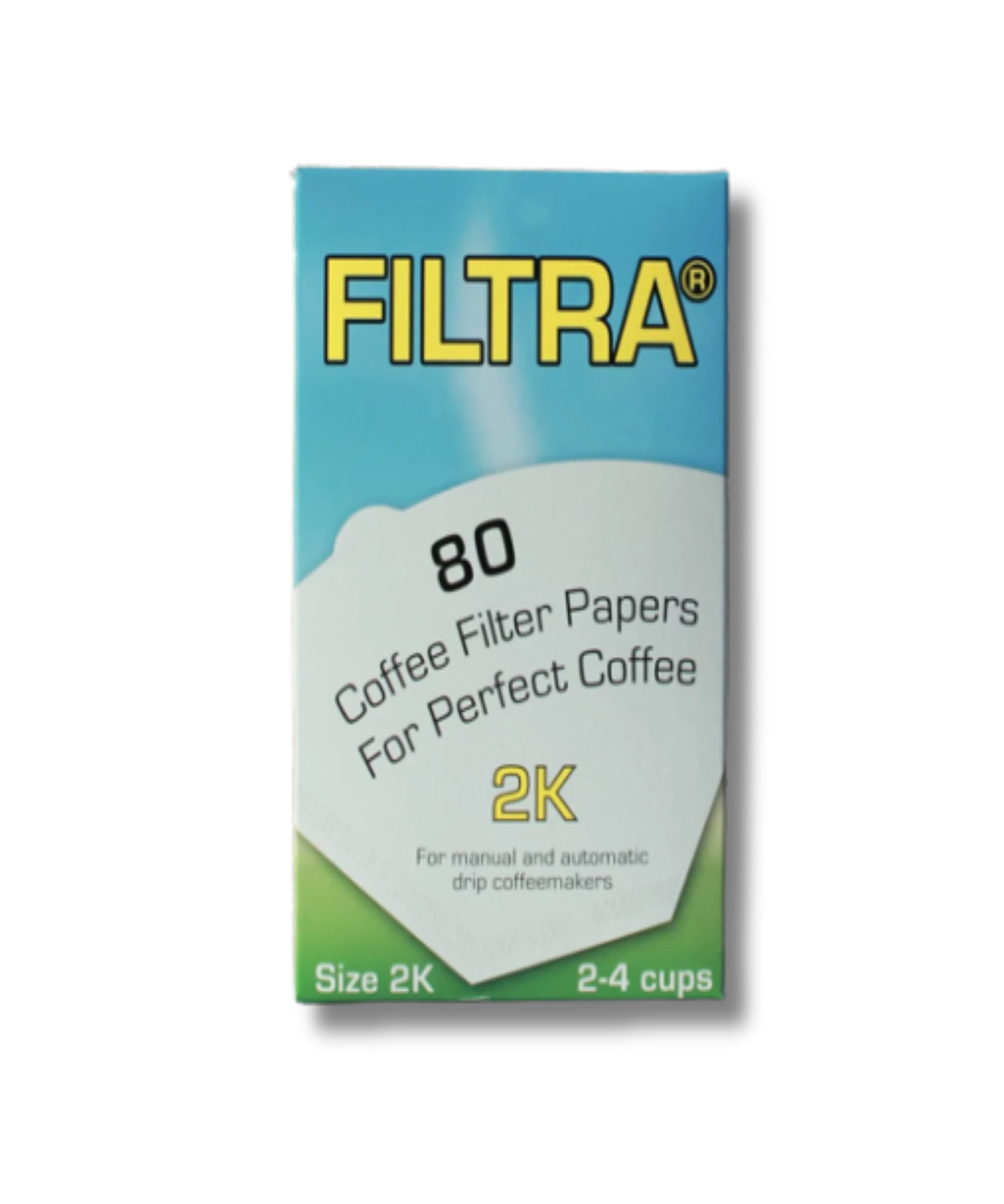 A box of FILTRA brand coffee filter papers, size 2K, with a light blue, white, and green design and yellow lettering, shown on a white background.