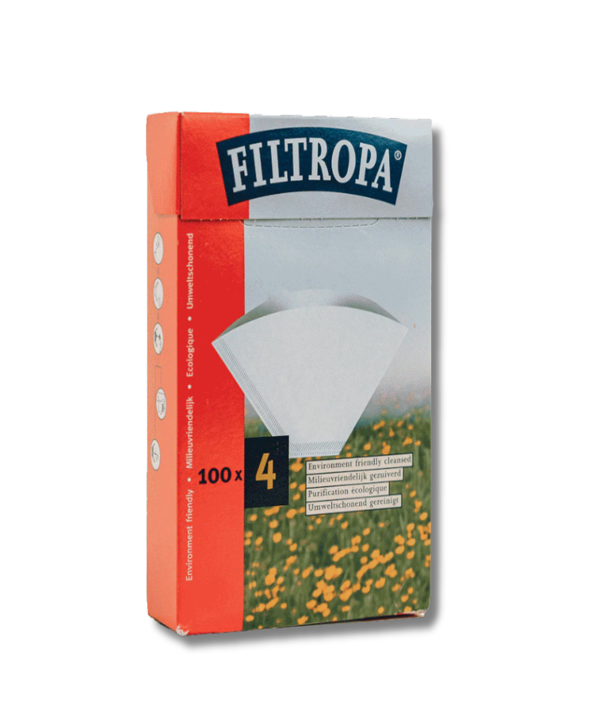A box of Filtropa 4-ply coffee filters, featuring a red and white design with a photo of yellow flowers at the bottom and a white filter cone graphic on the front.