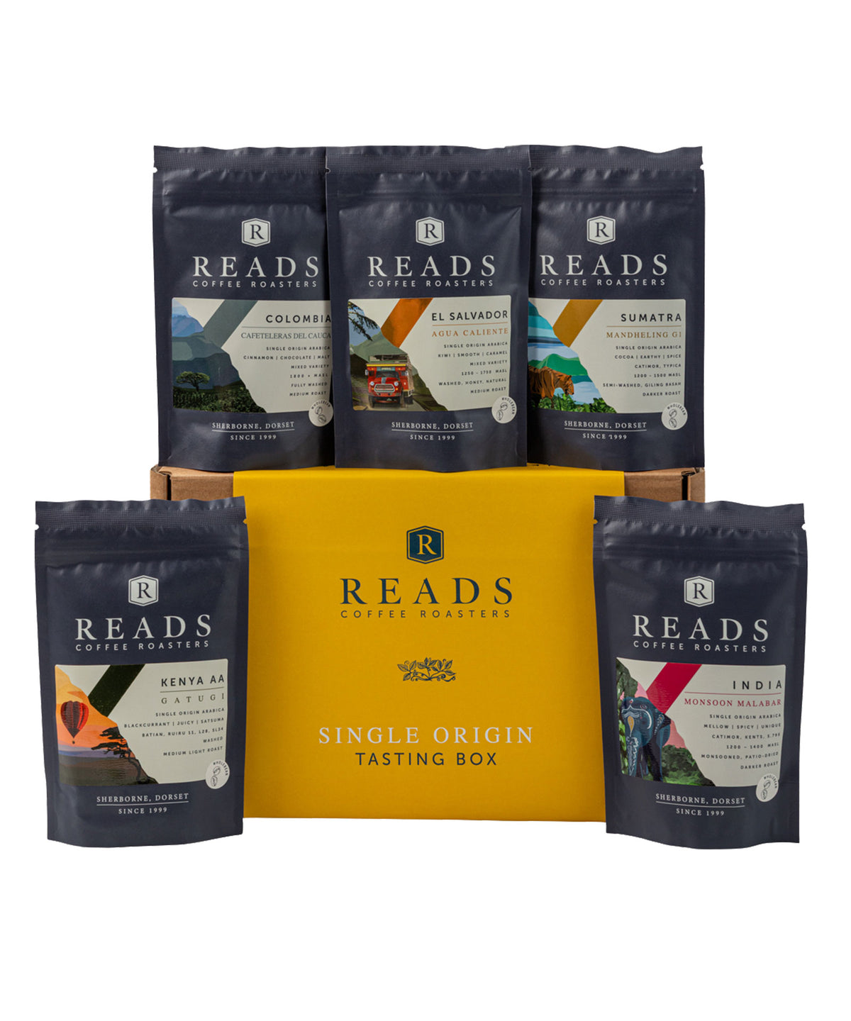 A coffee tasting box set by Reads Coffee Roastery, featuring a central yellow box surrounded by five dark blue single-origin coffee pouches, including Colombia, El Salado, Sumatra, Kenya AA, and India.