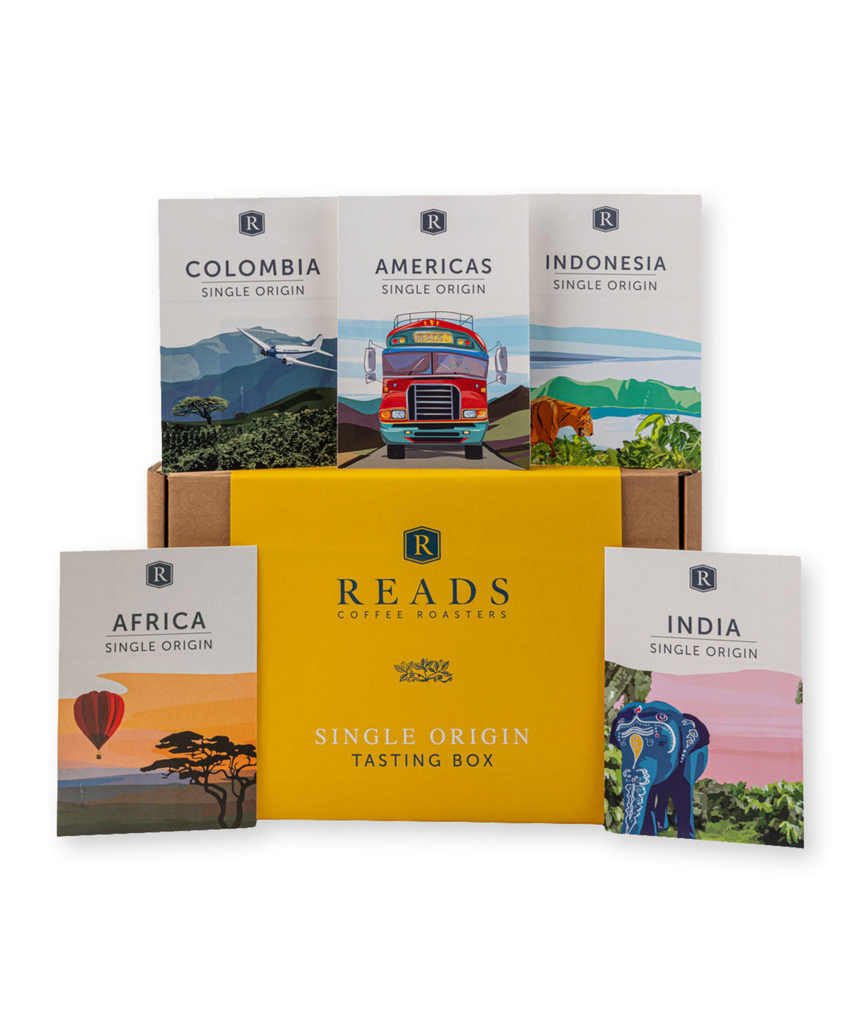 A Reads Single Origin Tasting Box set featuring a central yellow box surrounded by five single-origin sample cards: Colombia, Americas, Indonesia, Africa, and India, arranged on a white background.