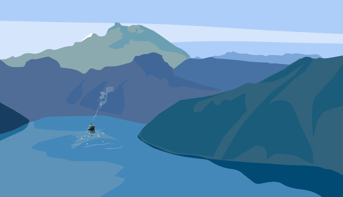 Illustration of a small boat on a lake with mountains in the background