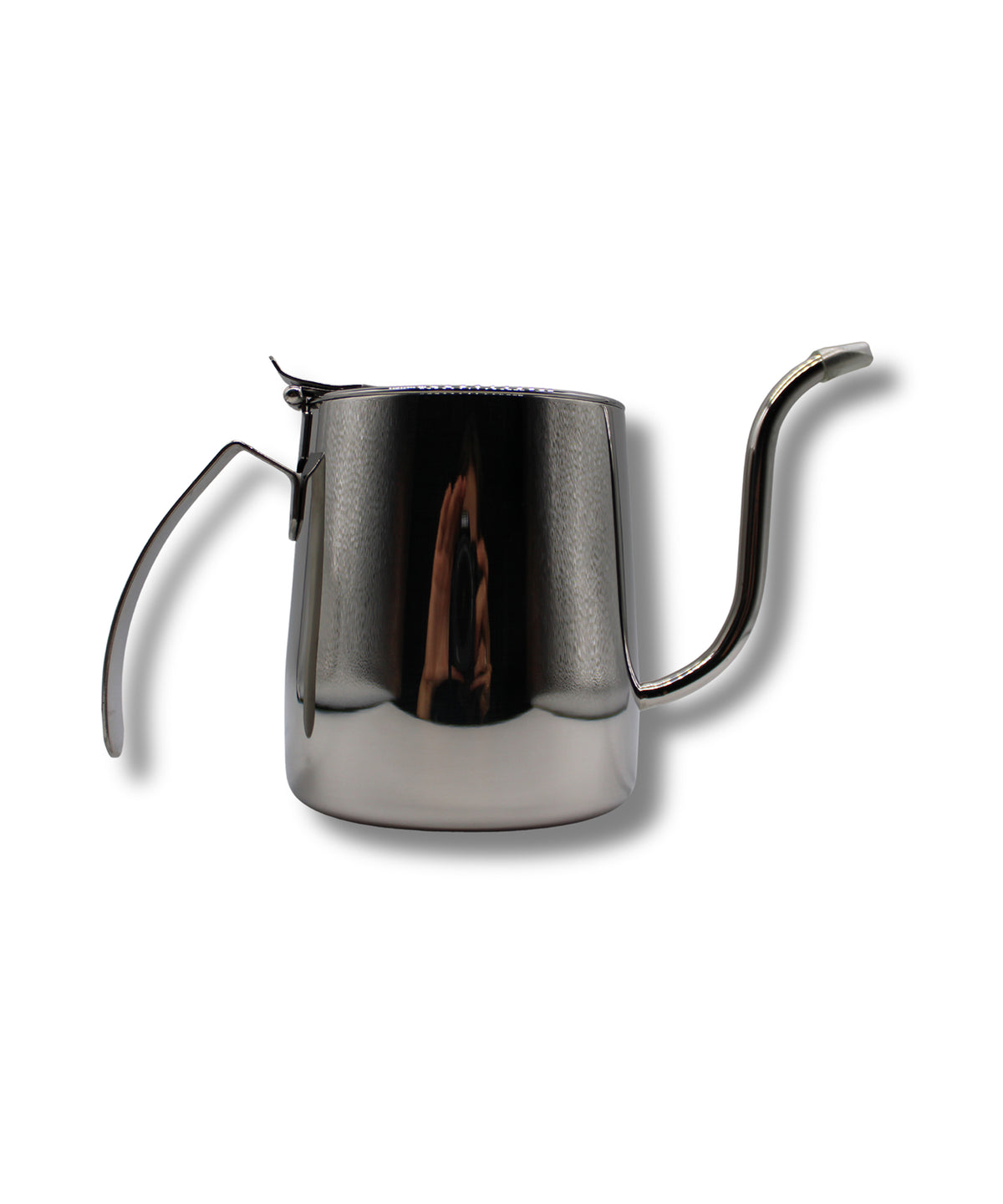 A stainless steel pour-over coffee kettle with a long curved spout and a side handle, shown on a plain white background.