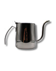A stainless steel pour-over coffee kettle with a long curved spout and a side handle, shown on a plain white background.