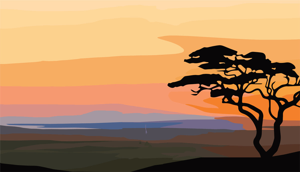 A stylized landscape artwork showing a black tree silhouette against layered sunset sky in warm orange, peach, and yellow tones, with distant blue hills and dark foreground land.