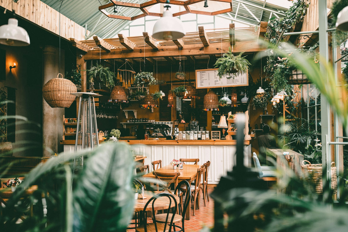 Interior of a cozy restaurant with wooden tables, chairs, and plants.