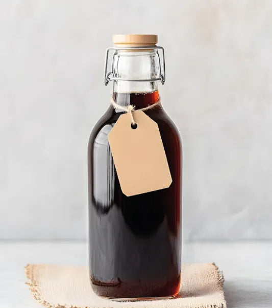 Glass bottle of dark liquid with a wooden cap and beige tag on a light background