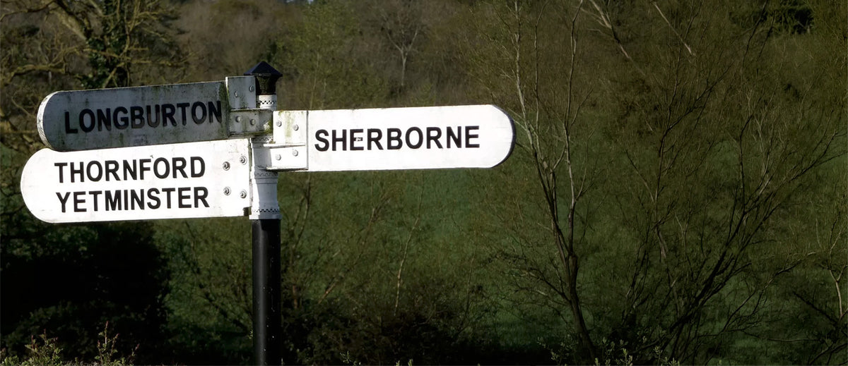 A white directional road signpost outdoors with four arrow signs reading Longburton, Thornford Yetminster, and Sherborne, set against a blurred green wooded background.