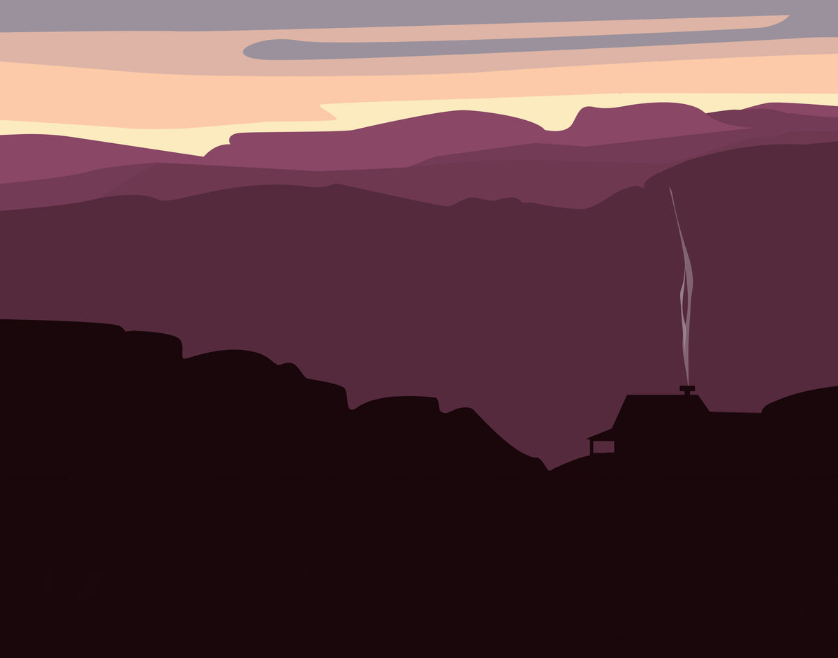Silhouette of a mountain landscape with a house at sunset.