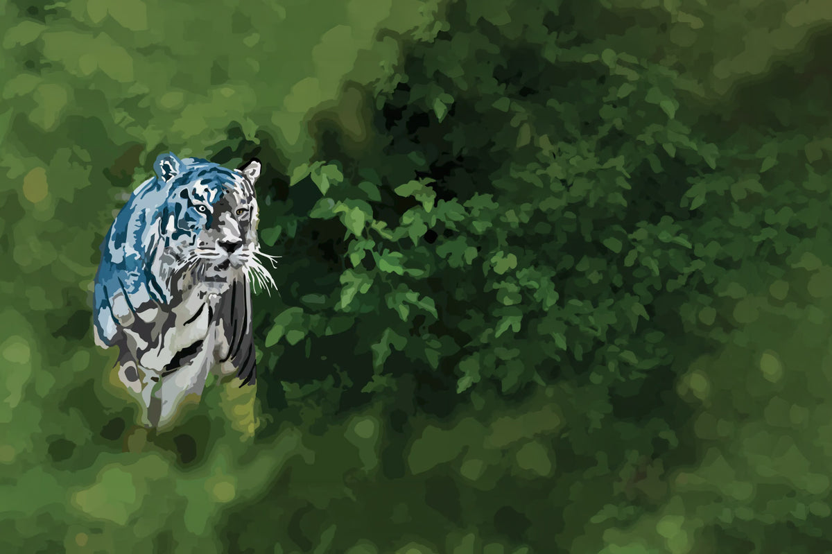 Digital illustration of a white tiger with blue markings peeking from behind green foliage