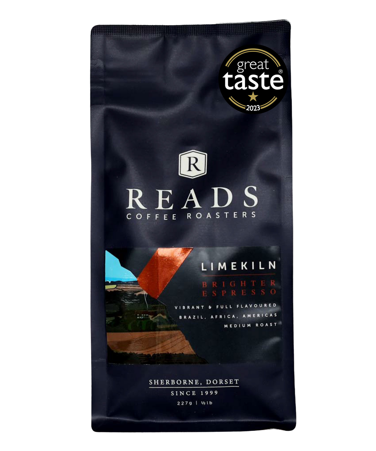 A bag of Reads Coffee Roasters Limekiln Brighter Espresso on a plain white background. The packaging is dark navy blue with white text and a central label showing coffee beans and a lime green graphic.
