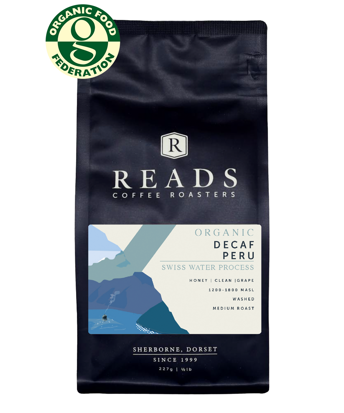 A bag of Reads Coffee Roasters Organic Decaf Peru coffee, featuring a dark navy blue bag with a white and blue label, and a green Organic Food Federation seal in the top left corner.
