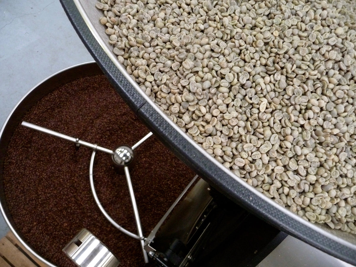 Raw coffee beans in a large metal hopper being fed into a coffee roaster, with roasted coffee grounds visible in the drum below.