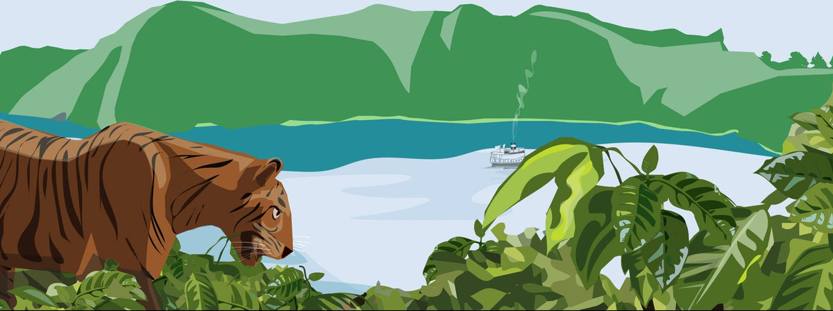 Tiger in a natural setting with mountains and water in the background