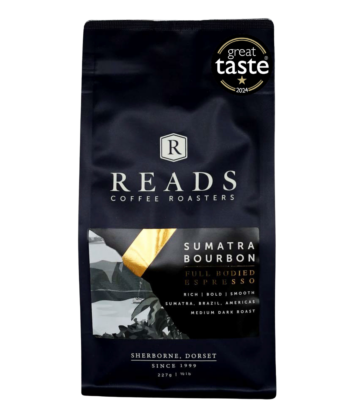 A bag of Reads Coffee Roasters Sumatra Bourbon espresso, featuring a gold and white 'great taste 2024' award seal in the top right corner, set against a plain white background.
